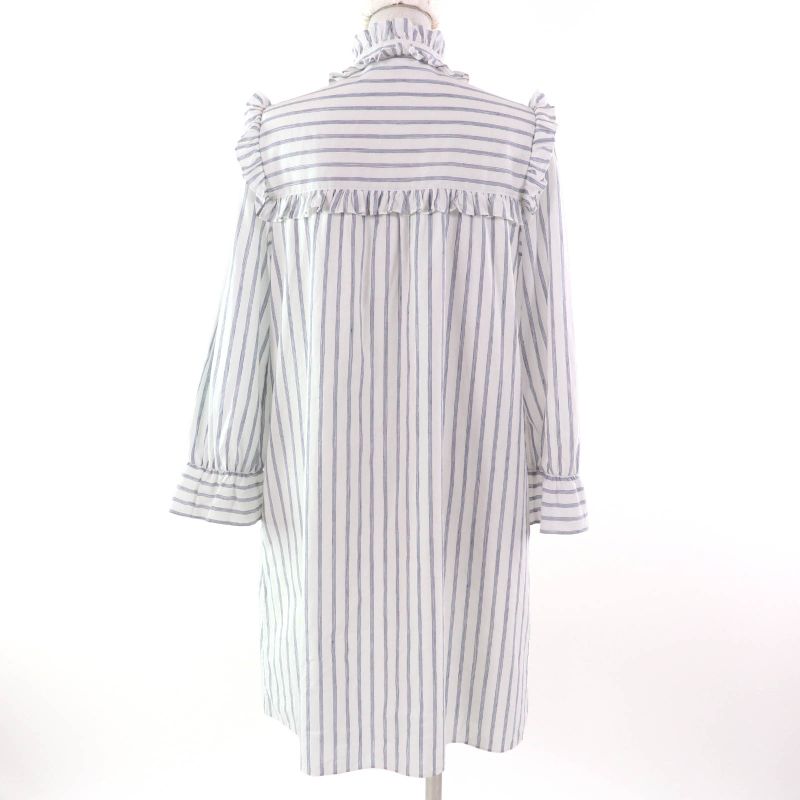 Celine 2r658077i Linen Blend Mini Prairie Stripe Ruffle Dress Shirt Dress White