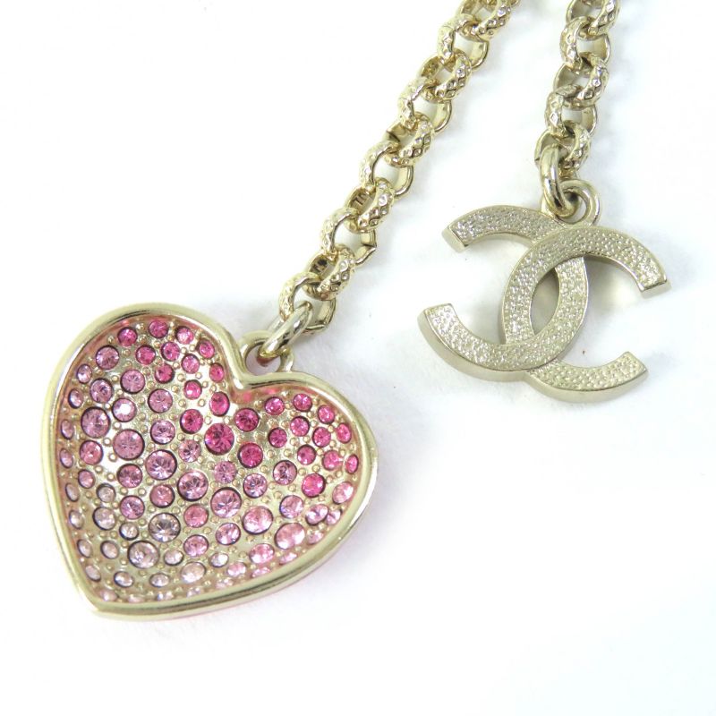 CHANEL C23P Coco Mark Heart Pearl Rhinestone Choker Pendant Necklace Accessory