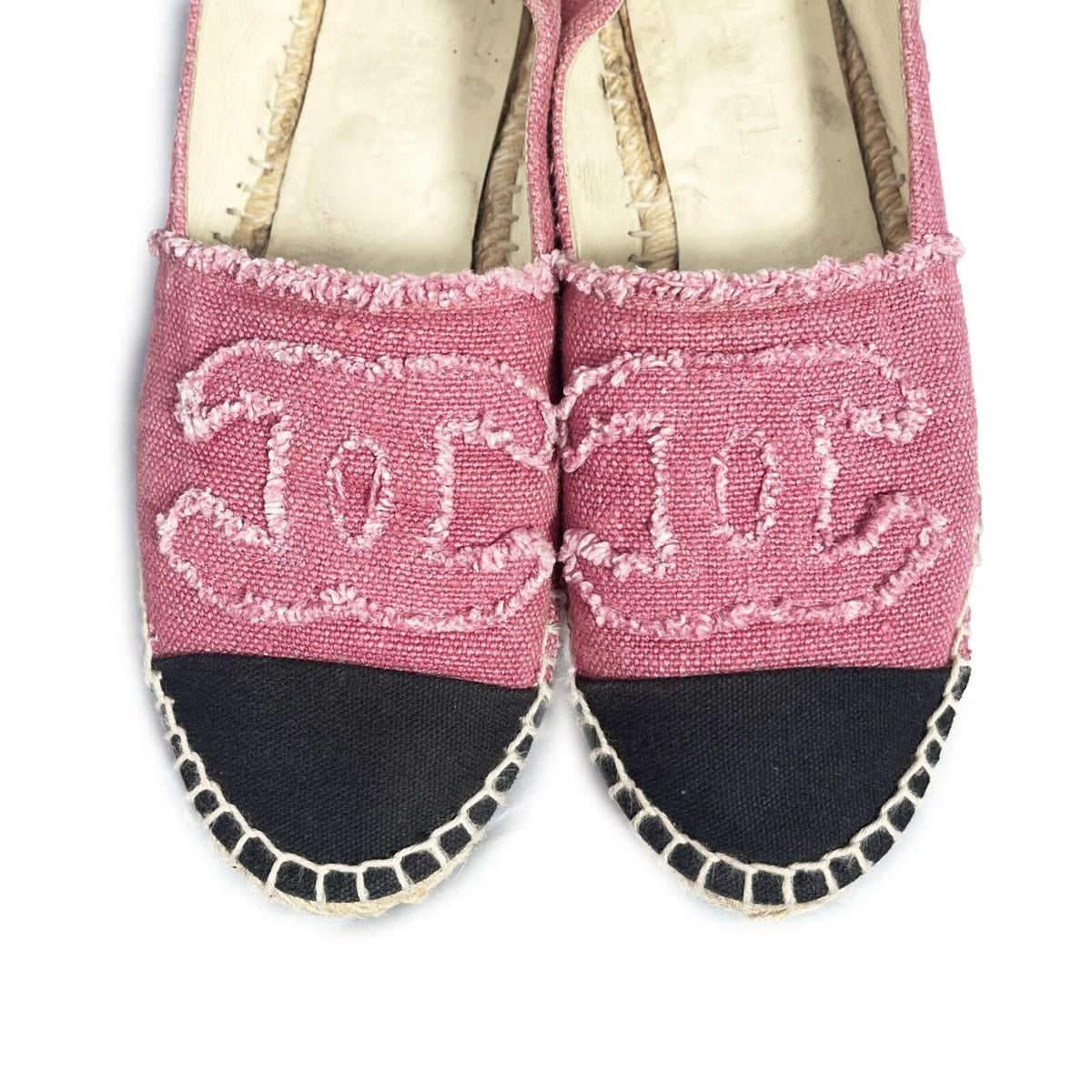 Chanel CC Logo Linen Pink Black Espadrilles Flats Shoes 38 — view 2