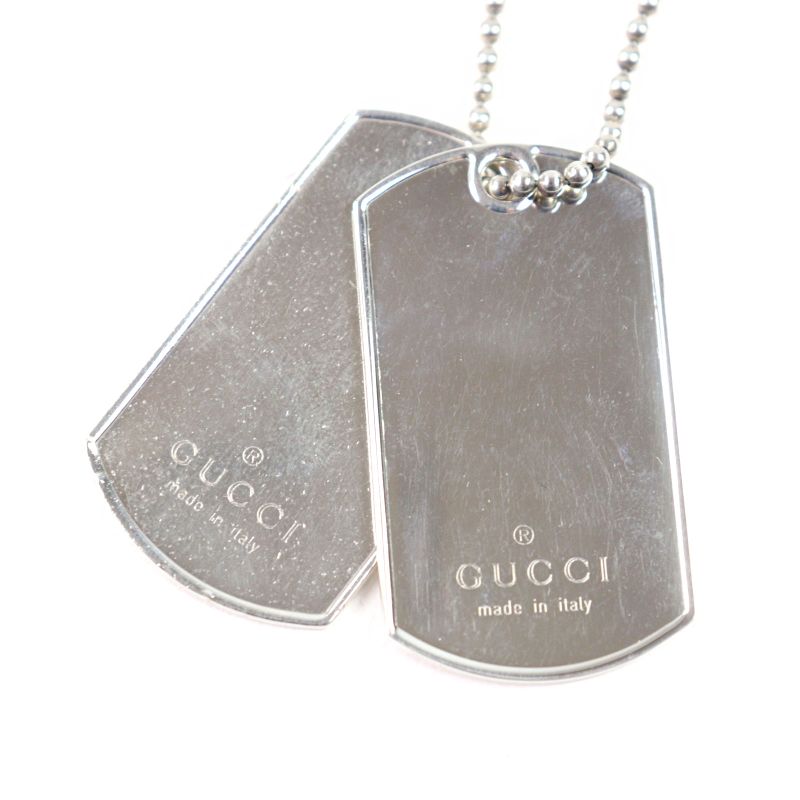 Gucci 925 Logo Engraved Double Dog Tag Ball Chain Necklace Silver