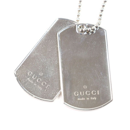 Gucci 925 Logo Engraved Double Dog Tag Ball Chain Necklace Silver