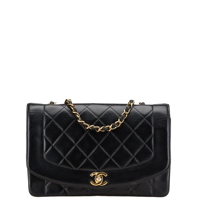 Chanel Matelasse Diana 25 Coco Mark Crossbody Chain Shoulder Bag Black Lambskin