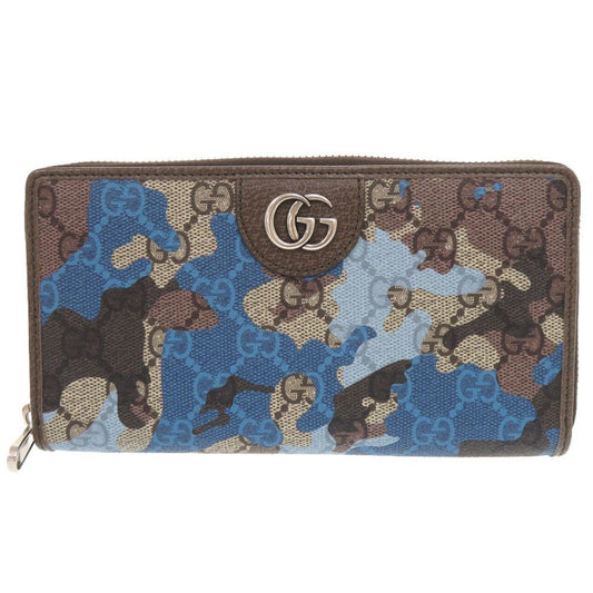Gucci GG Camouflage Pattern Blue Beige Zip Around Wallet