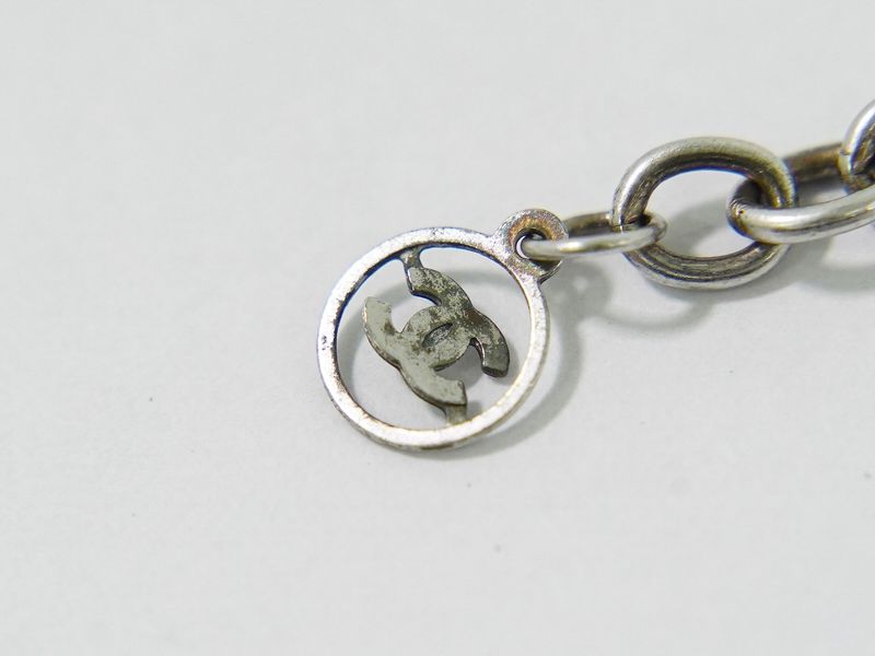 Authentic Chanel Logo Necklace Pendant Plastic Metal Silver Hardware White