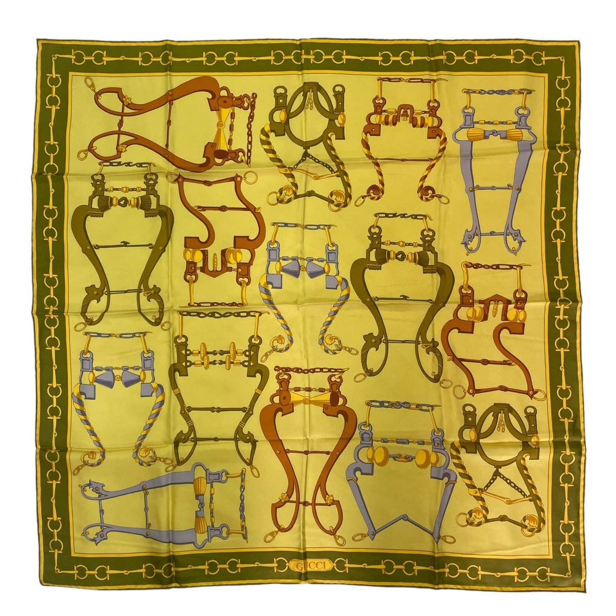 Gucci Scarf Silk Horsebit Pattern Yellow Green