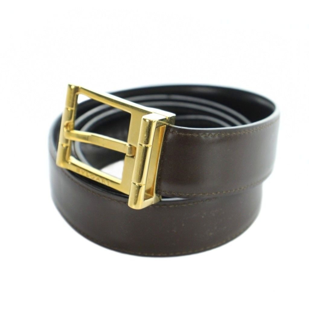 Bvlgari Belt Gold Logo Leather Third Party Brown