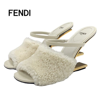 Unused Fendi First Sandals Mule Party Shoes Metal Heel Sheepskin Beige