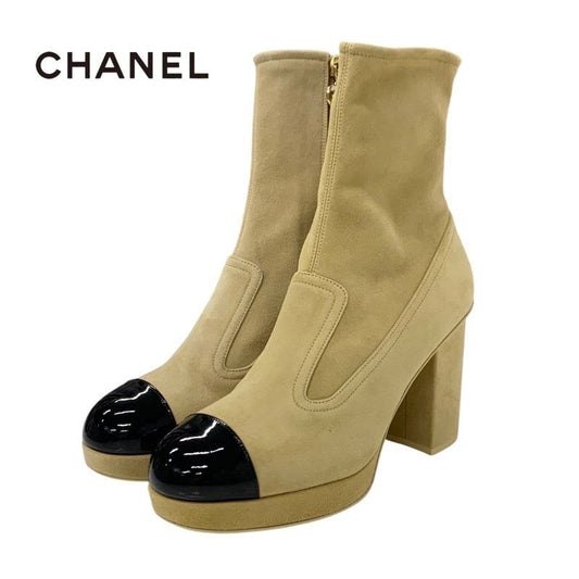 Chanel Boots Short Shoes Suede Beige Black Gold Logo Coco Mark Heart Charm