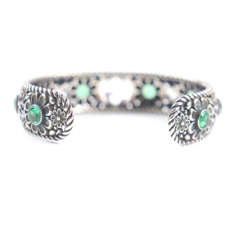 Gucci Crystal Floral Interlocking G Bangle Bracelet Ag925 Silver Green 16 With