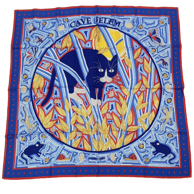Hermes Carre 90 CAVE Felem Attention Cats Scarf 100% Silk Multicolor