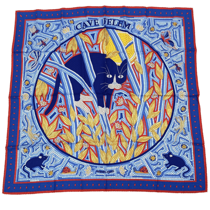 Hermes Carre 90 CAVE Felem Attention Cats Scarf 100% Silk Multicolor