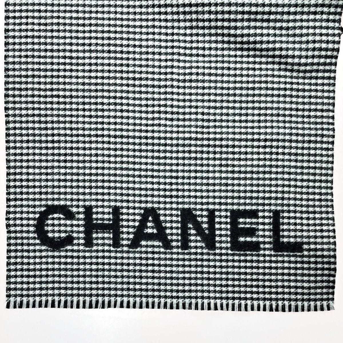 Chanel Stole Black Gingham Check Wool X Cashmere Women's