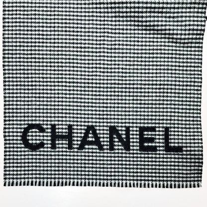 Chanel Stole Black Gingham Check Wool X Cashmere Women's