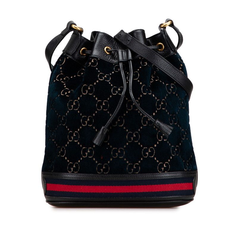Gucci GG Velvet Sherry Line Crossbody Shoulder Bag Bucket Bag 574960 Navy