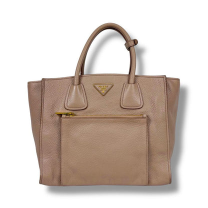 Prada 2WAY Tote Shoulder Bag Vittero Dino Leather Triangle Logo Pink Beige