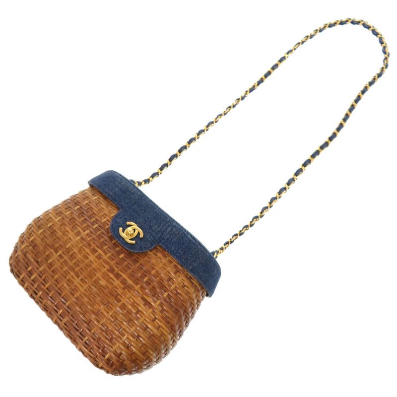 Chanel Basket Bag Denim Straw Navy 5th Coco Mark Turnlock Shoulder Bag 1372
