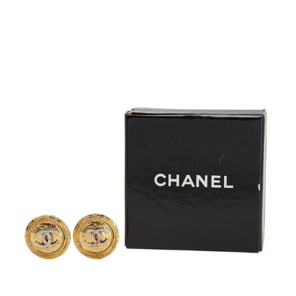 Chanel Earrings Vintage 24K CC Coco Mark Round Gold Silver Plated Ladies