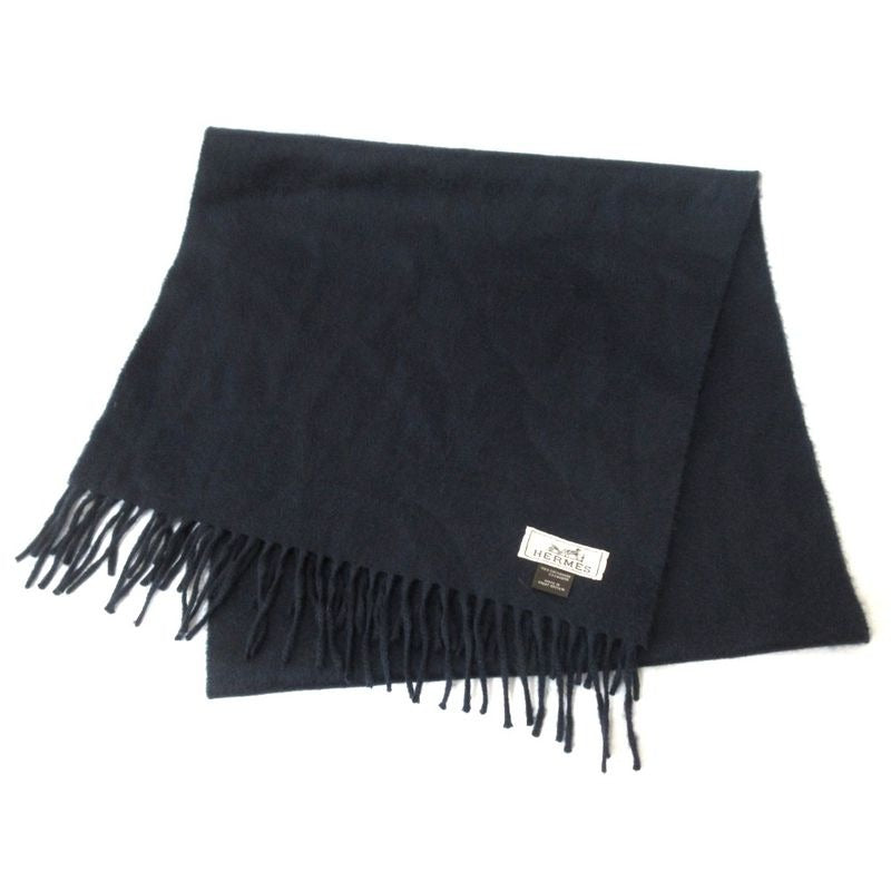 Hermes 100% Cashmere Logo Embroidery Fringe Scarf Navy