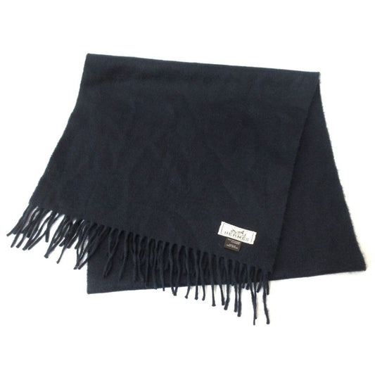 Hermes 100% Cashmere Logo Embroidery Fringe Scarf Navy