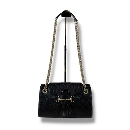 Gucci Chain Mini Shoulder Bag Sima Leather Black 2WAY Tassel Horsebit