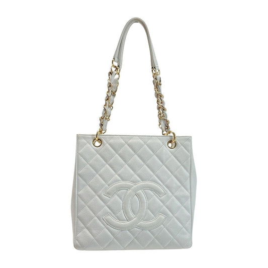 Chanel Coco Mark Quilted Pst Chain Tote Bag White Caviar Leather