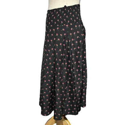 Prada 17ss Rose Print Gathered Flare Skirt P159nr 36(about S) Black×pink