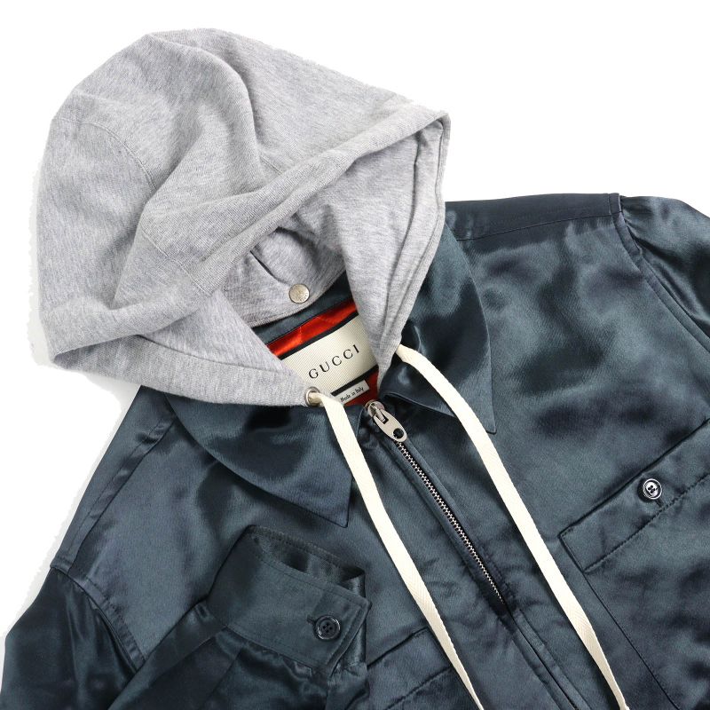 Gucci 604112 World WIDE Logo Patch Hooded Cotton Filled Zip-up Shirt Jacket