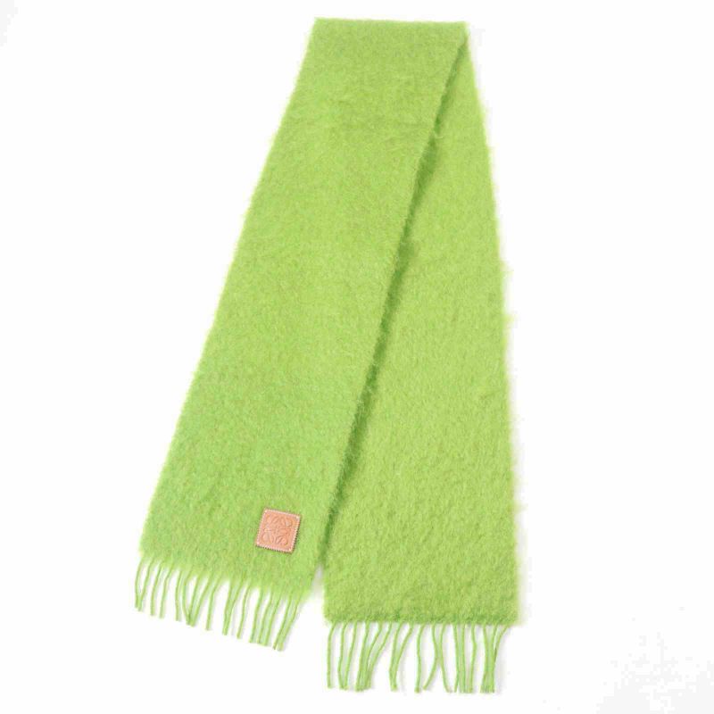 LOEWE Mohair Wool Anagram Leather Patch Fringed Scarf Green Made In Spain