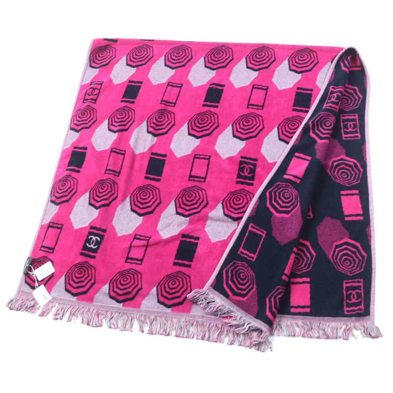 CHANEL 19S Coco Mark Allover Pattern Beach Towel Navy Pink 99 X 196cm (77.17in)