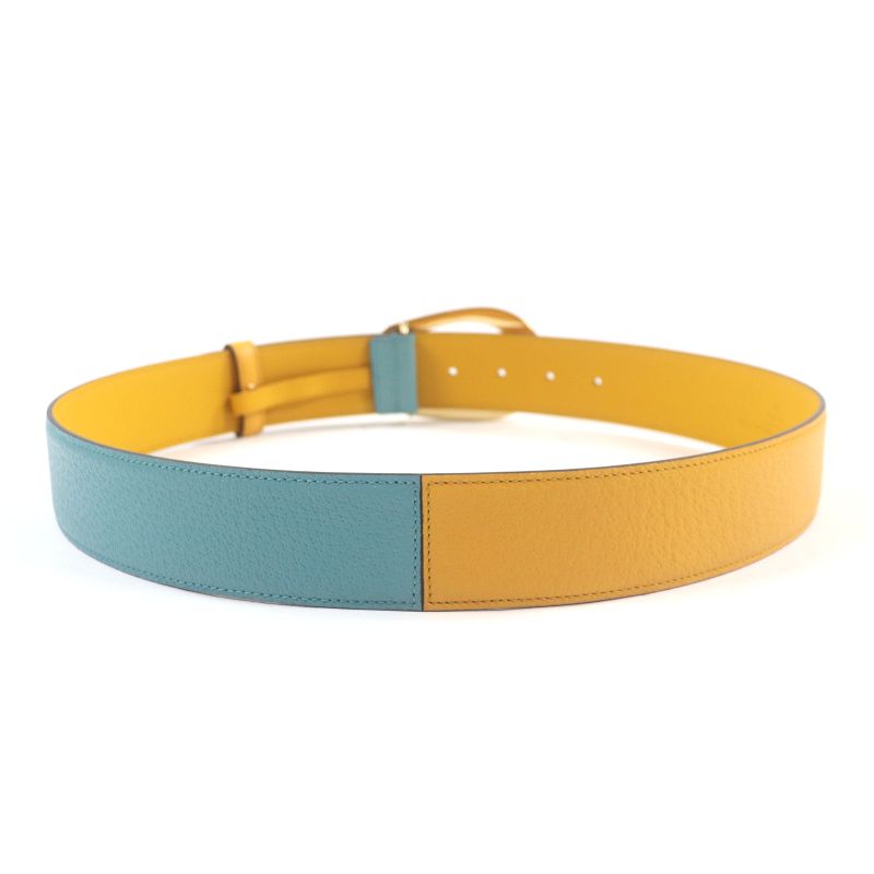 Gucci Memorable Buckle 709954 G Logo Buckle Bicolor Leather Belt Yellow Blue