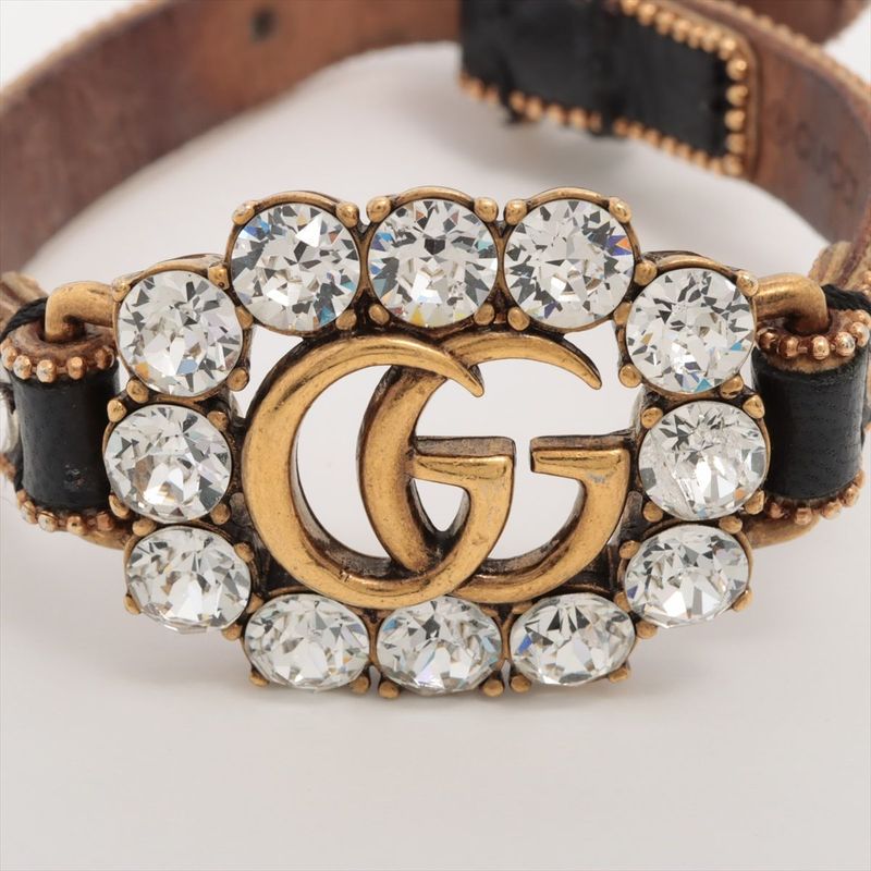 Gucci Double G Leather × Rhinestone × GP Bracelet Gold Made In Italy