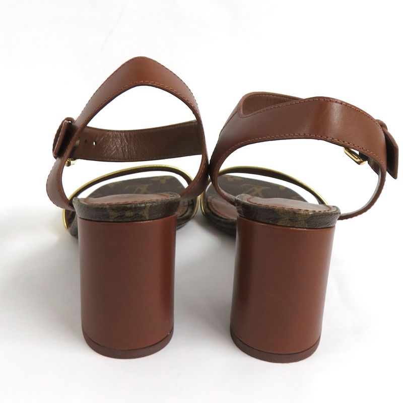 Louis Vuitton Monogram Ankle Strap Heel Sandals Brown Gold 36 1 2