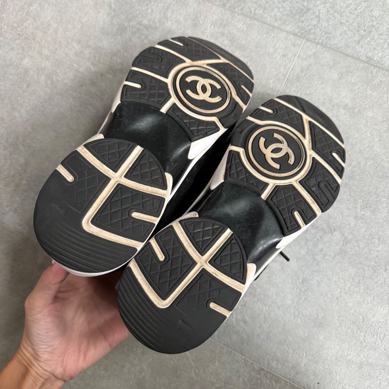 Chanel Coco Mark Sneakers Suede Mesh Logo Black White 38 25cm (9.84in)