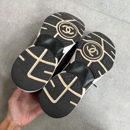 Chanel Coco Mark Sneakers Suede Mesh Logo Black White 38 25cm (9.84in)