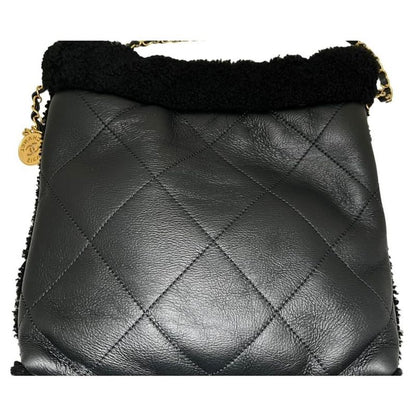 Chanel 22 Small Handbag Chain Bag Shearling Aged Lambskin Black Gold Hardware