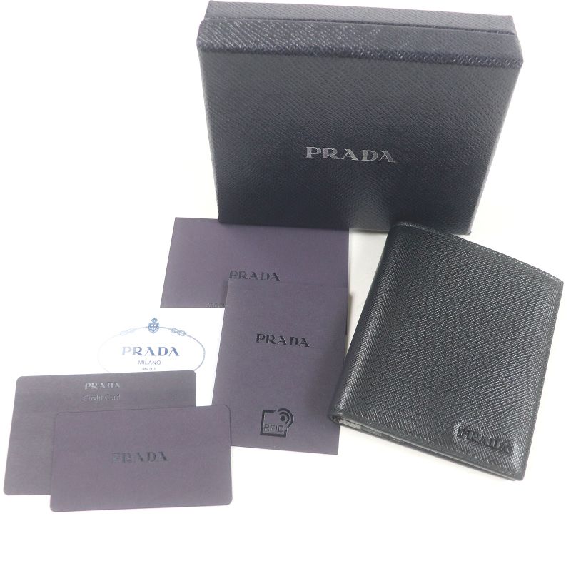 Prada 2mo004 Logo Plate Saffiano Martic Leather Bifold Card Case Billfold Nero