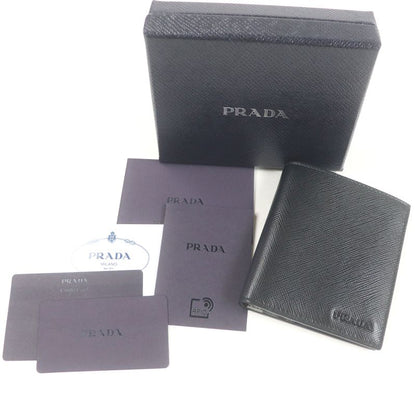 Prada 2mo004 Logo Plate Saffiano Martic Leather Bifold Card Case Billfold Nero