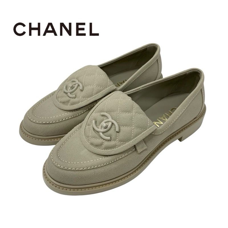 Chanel Loafers Leather Shoes Fabric Beige Here Mark Turn Lock Flat Shoes