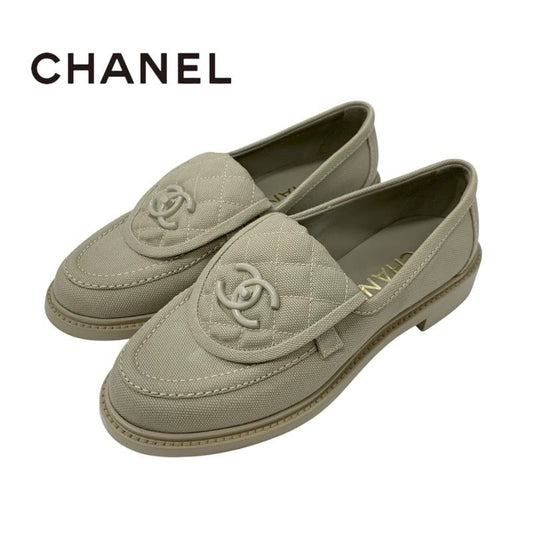 Chanel Loafers Leather Shoes Fabric Beige Here Mark Turn Lock Flat Shoes