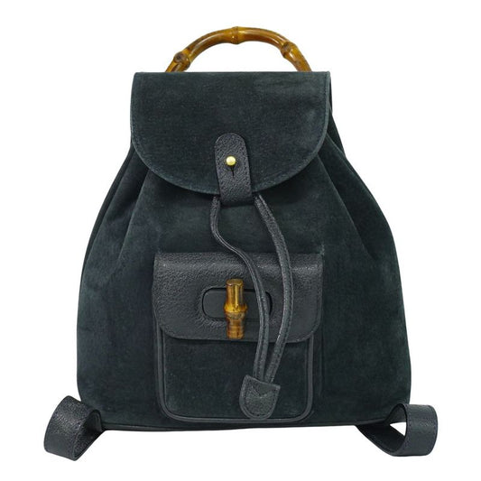 Authentic Gucci Bamboo Backpack Sac Backpack Suede Leather Navy Bamboo Bag