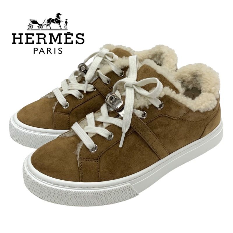 Hermes Day Sneakers Shoes Kelly Hardware Suede Mouton Boa Brown
