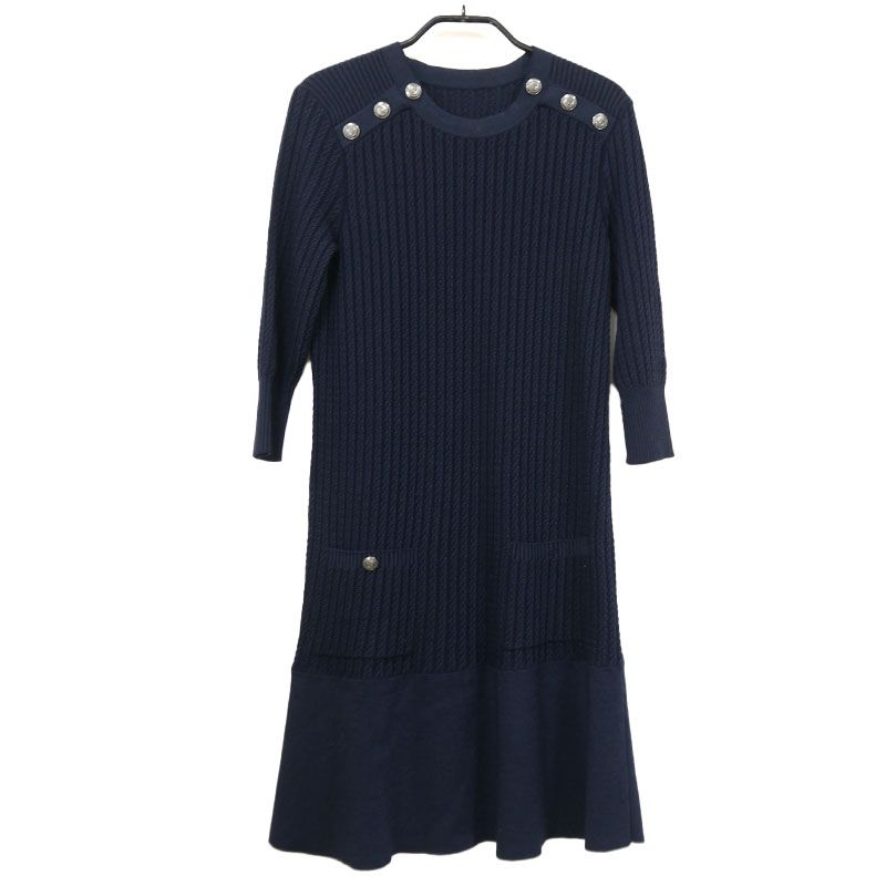 Chanel Knit Dress P59258 38 Cotton Wool Navy