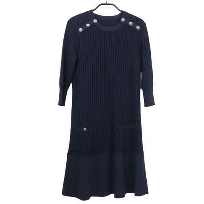 Chanel Knit Dress P59258 38 Cotton Wool Navy