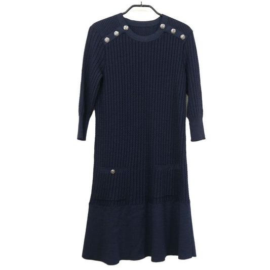 Chanel Knit Dress P59258 38 Cotton Wool Navy