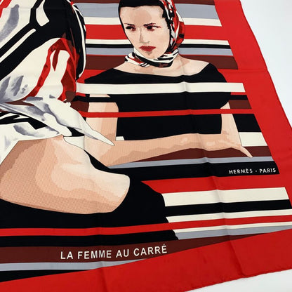 Hermes Carre 90 Pointe LA Femme AU Carre Pointeux Red 100% Silk Scarf