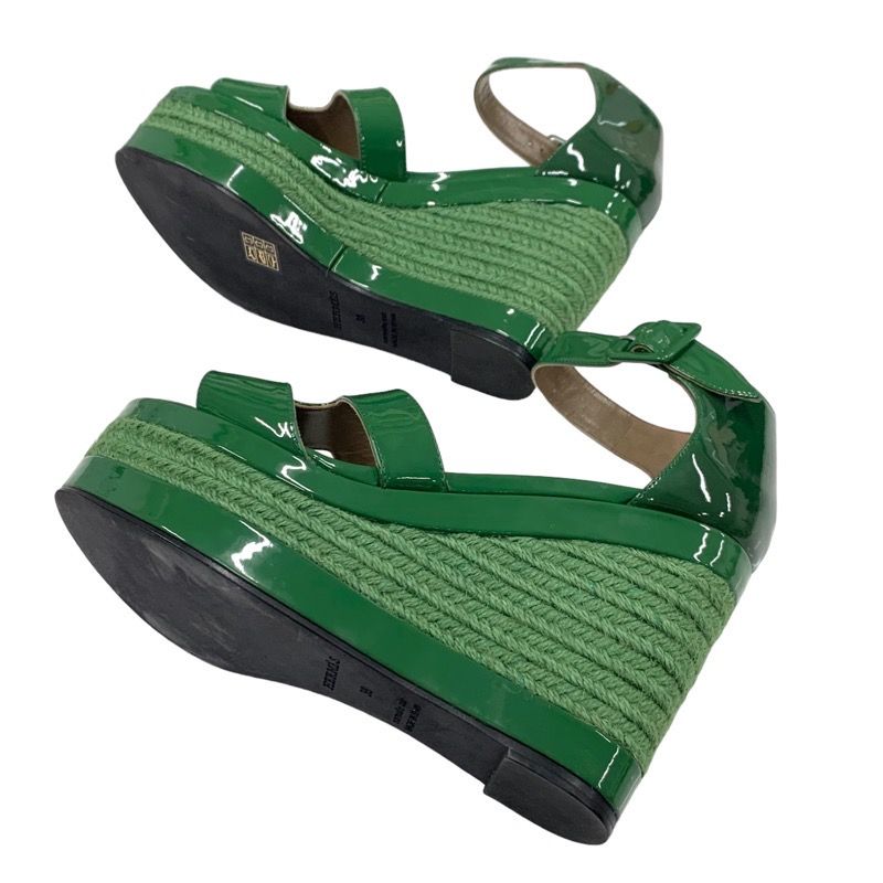 Hermes Ilana Sandals Shoes Patent Green Wedge Sole Espadrilles