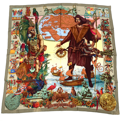 Hermes Carre 90 Scarf Les Ameriques Americas Columbus Silk Multicolor