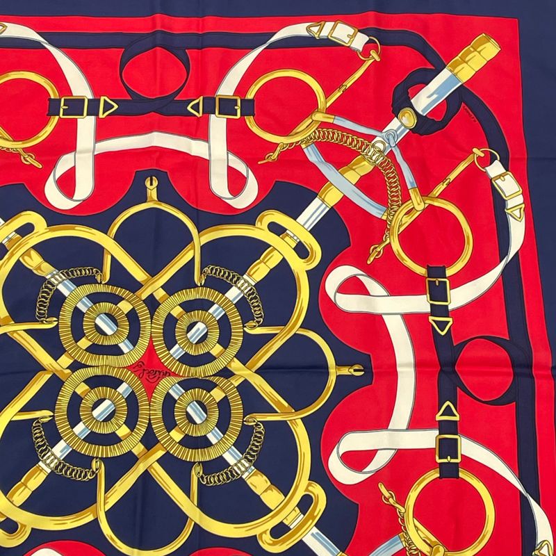 Hermes Carre 90 Scarf Eperon D'or Golden Spur 100% Silk Navy And Red