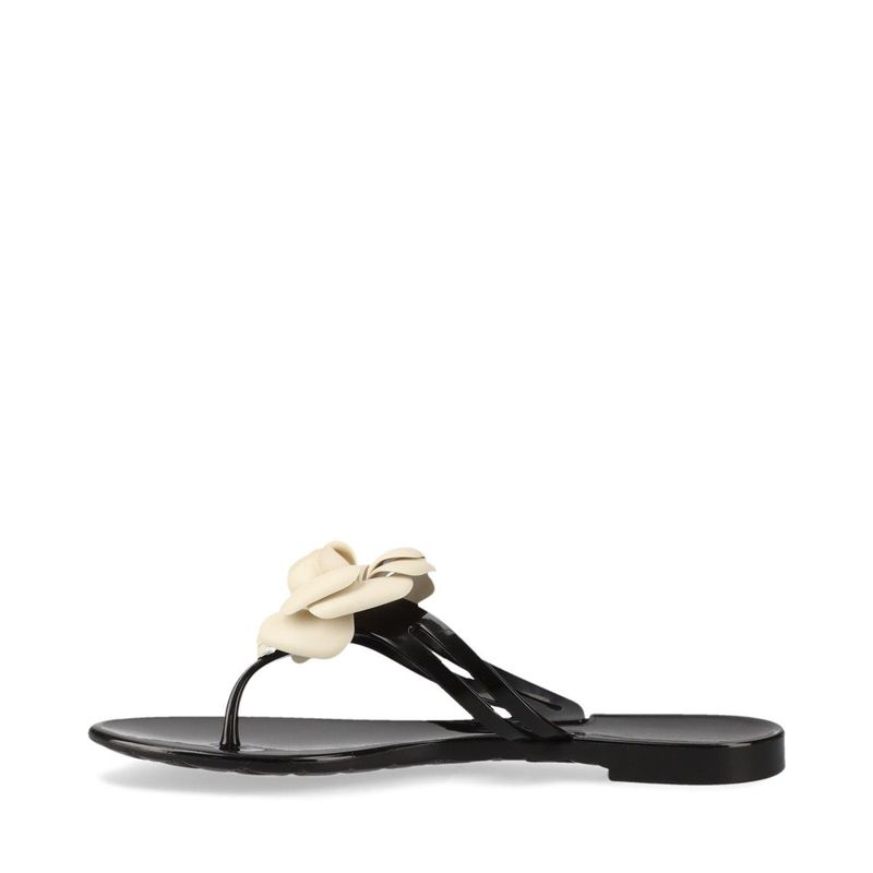 Chanel Coco Mark Camellia Rubber Sandals Women's 35 Black And White Made In