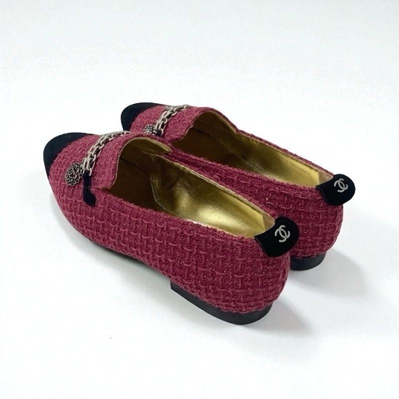 Chanel Flat Shoes Tweed Suede Pink Black Here Mark Chain Charm Opera Shoes
